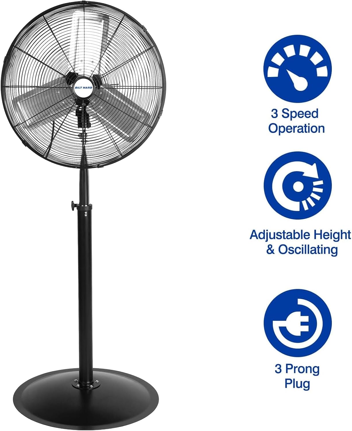 6450 CFM 24" High Velocity Pedestal Oscillating Fan, 3-Speed Adjustable Height Industrial Floor Fan with Aluminum
