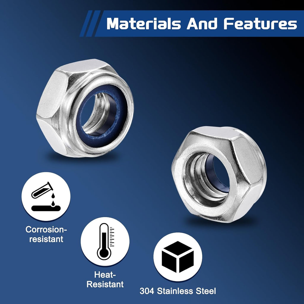 10Pcs M10-1.5 Nylon Locking Hex Nuts 304 StainlessSteel Silver