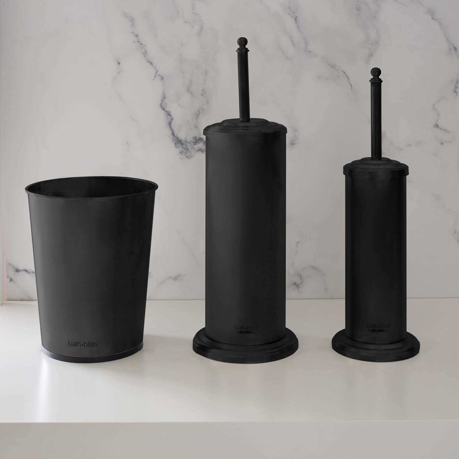 Trash Can, Toilet Brush and Plunger 3 Piece Bathroom Set in Matte Black