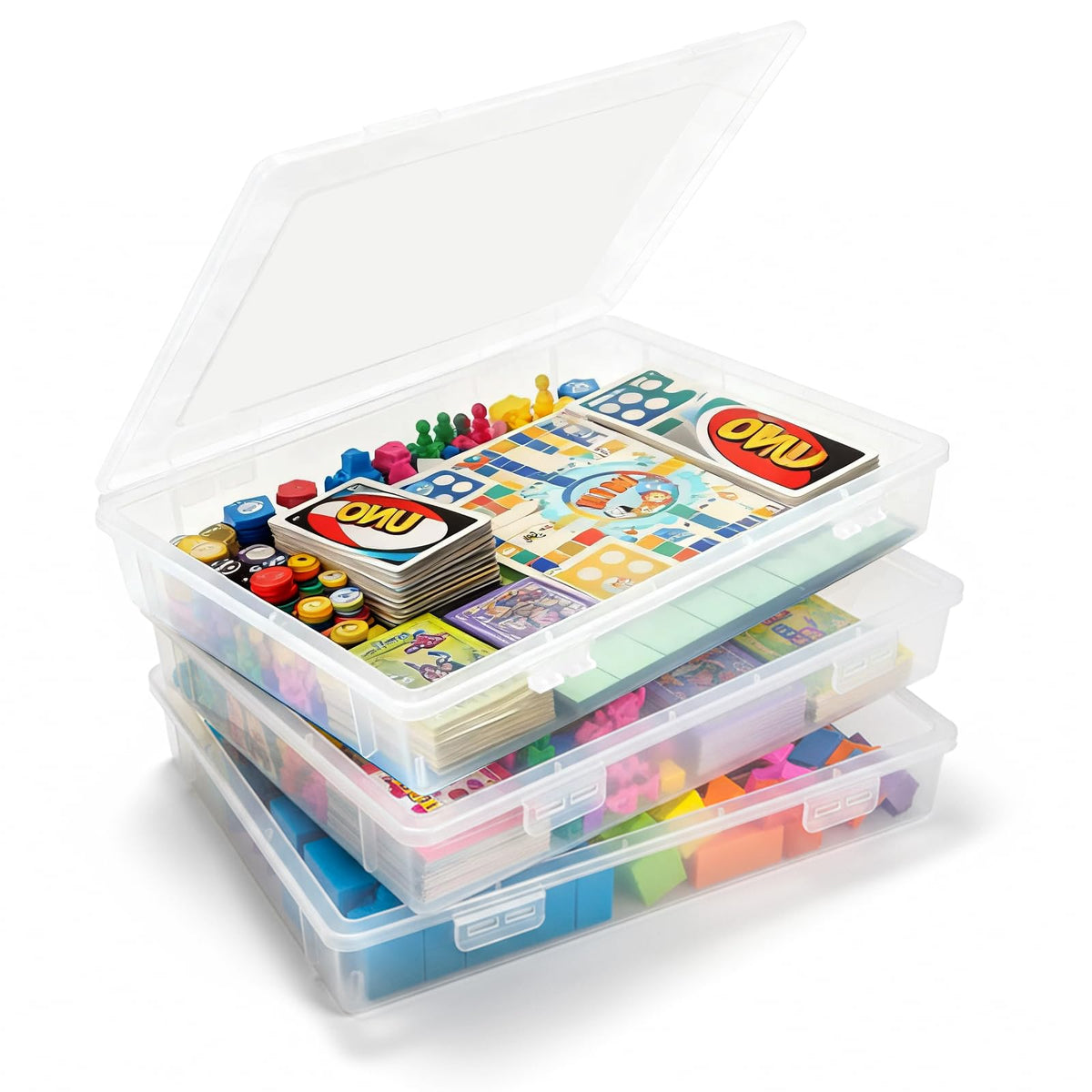 Board Game Storage, 3 Pack Stackable Board Game Storage Containers with Snap Tight Latch Lid, Portable Plastic Case