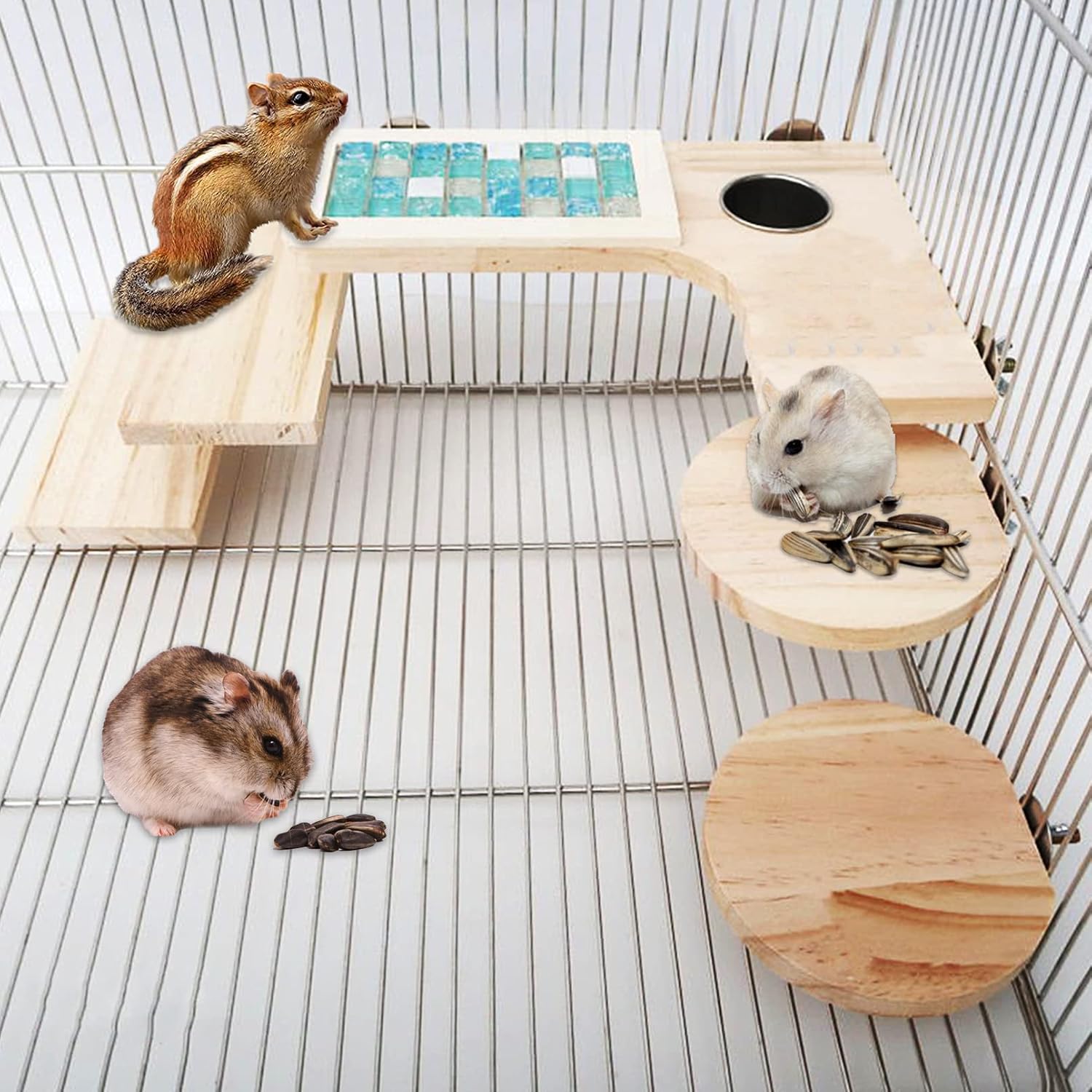 Wooden Hamster Cage Platform Set Wood Chinchilla Ledges and Platforms Rectangle L-Shaped Round Cage Accessories with