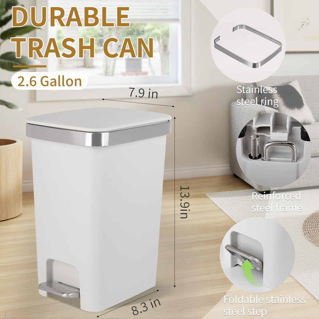 Small Bathroom Trash Can with Lid Step Pedal, 2.6 Gallon, White