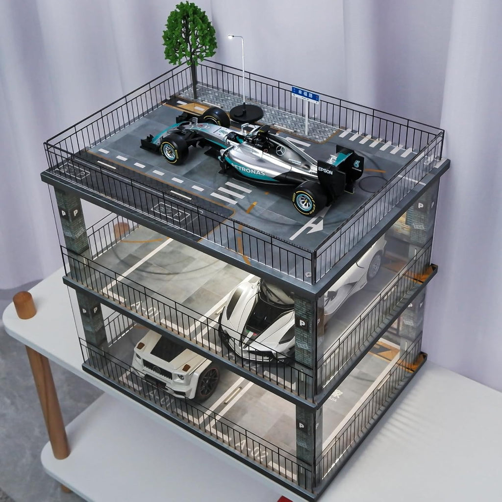 1:18 Scale Diecast Model Car Display Case Cabinet with USB Lights and Dust Cover,Diorama Garage Parking for Alloy
