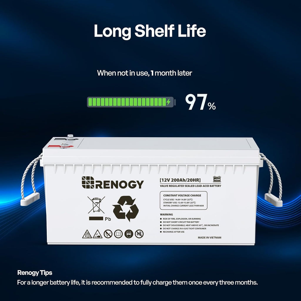 12 Volt 200Ah Deep Cycle AGM Battery, Lead Acid Solar Battery | 3% Self-Discharge Rate, 2000A Max Discharge Current
