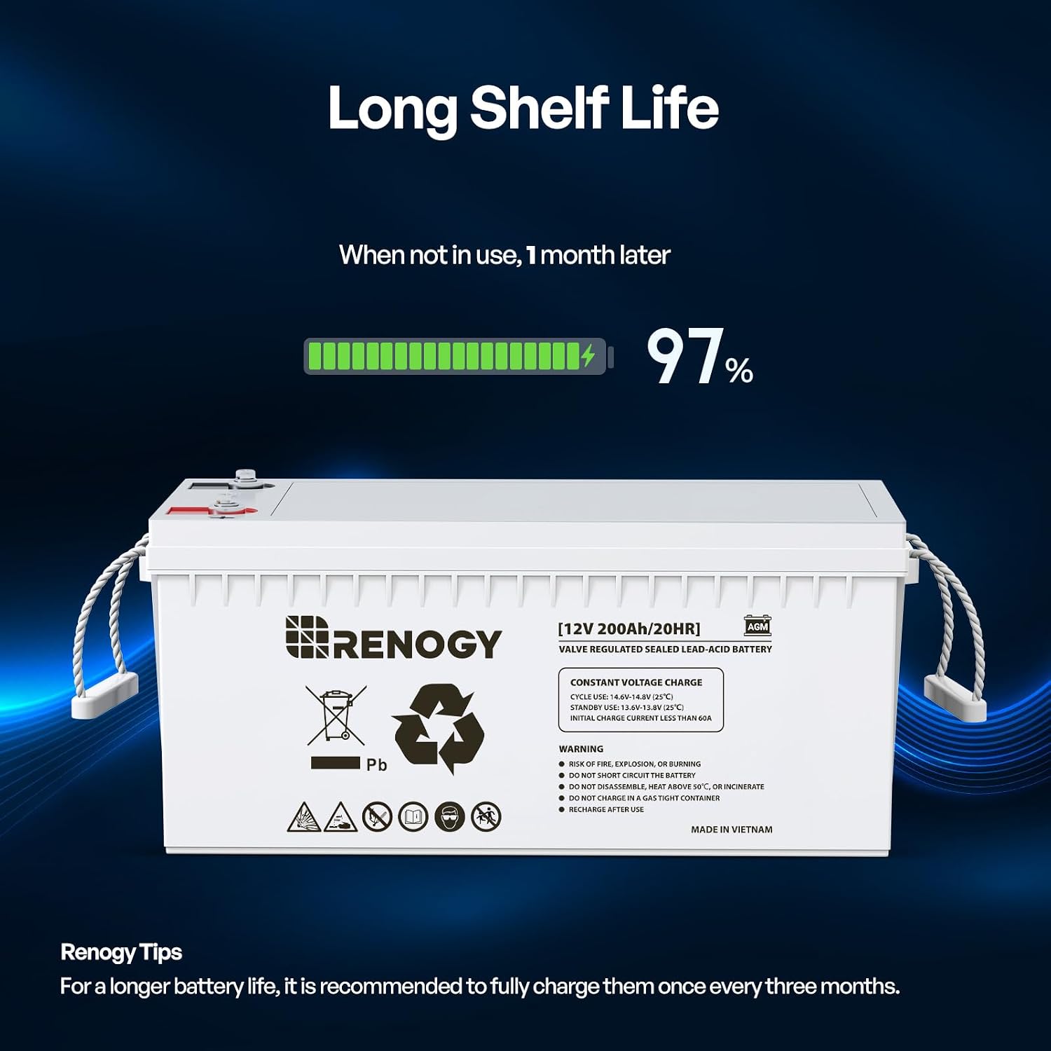 12 Volt 200Ah Deep Cycle AGM Battery, Lead Acid Solar Battery | 3% Self-Discharge Rate, 2000A Max Discharge Current