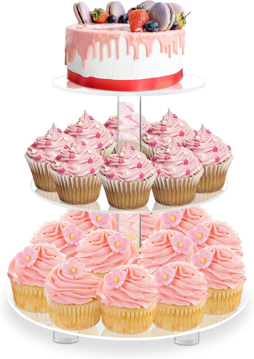 3 Tier Round Cupcake Stand with Base, Acrylic Cake Stand, Cupcake Tower Stand, Premium Cupcake Holder for 23