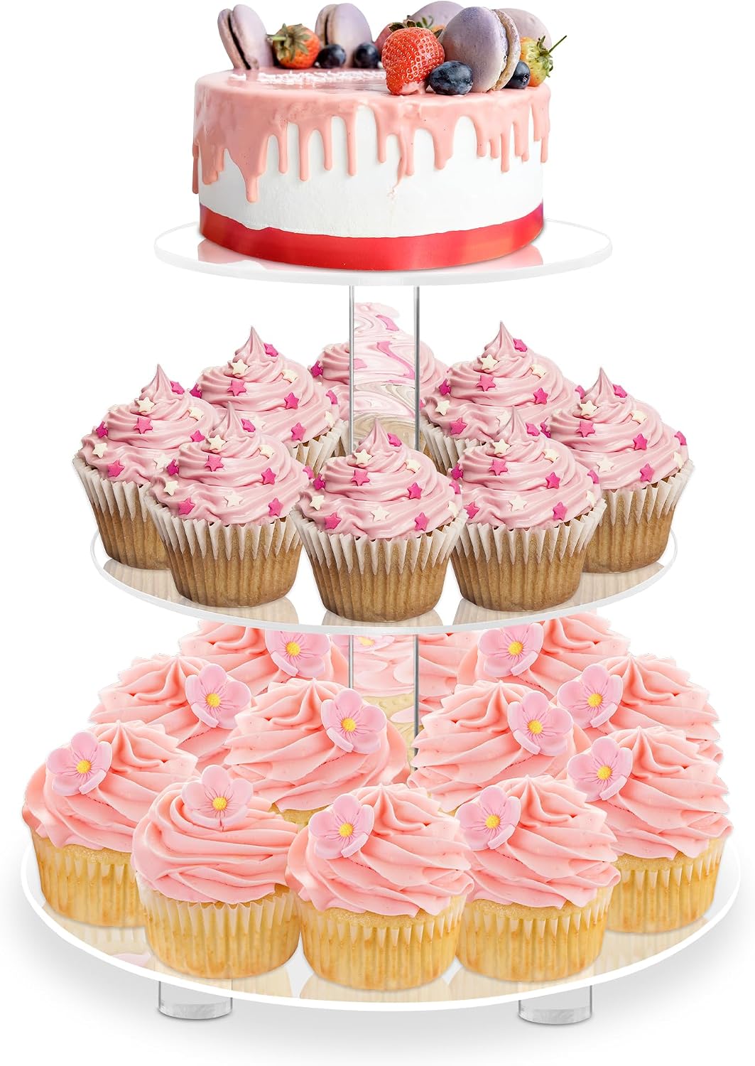 3 Tier Round Cupcake Stand with Base, Acrylic Cake Stand, Cupcake Tower Stand, Premium Cupcake Holder for 23