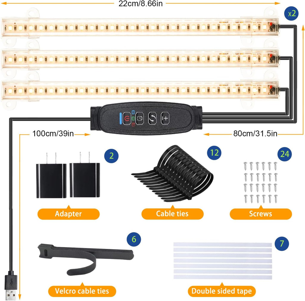 LED Grow Light Strips, Grow Lights for Indoor Plants Full Spectrum 3000K, Plant Light Bar with 3/9/12H Timer, 10