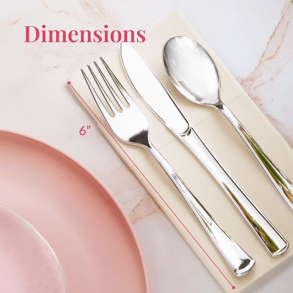 300 Piece Heavy Duty Plastic Silverware Set - 100 of Each Silver Plasticware Forks, Spoons, Knives - Flatware Cutlery