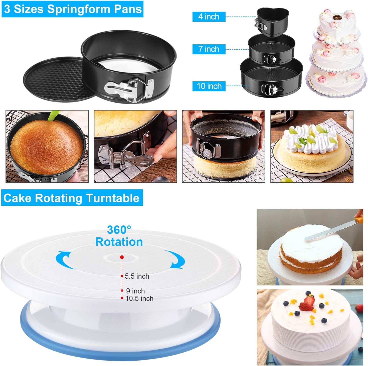 Cake Decorating Supplies,493 PCS Cake Decorating Kit 3 Packs Springform Cake Pans, Cake Rotating Turntable,48 Piping