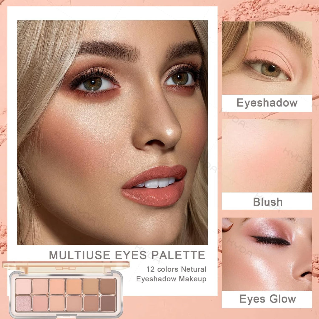 12 Colors Netural Nude Eyeshadow Palette with Brush, High Pigment Matte Shimmer Brown Eye Shadow, Netural Eyes