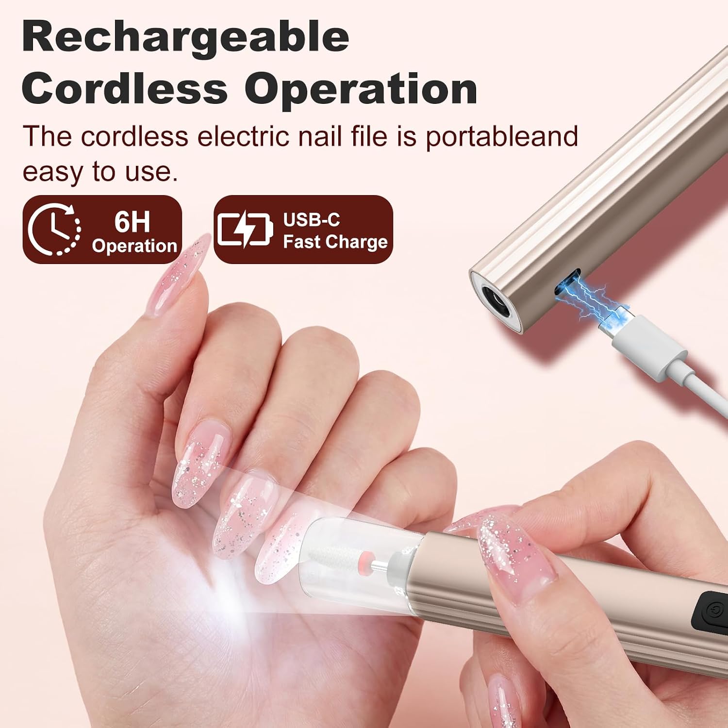 Cordless Electric Nail File Drill with UV Light Lamp, 5 Speed | Rechargeable Portable Manicure and Pedicure Kit, Nail