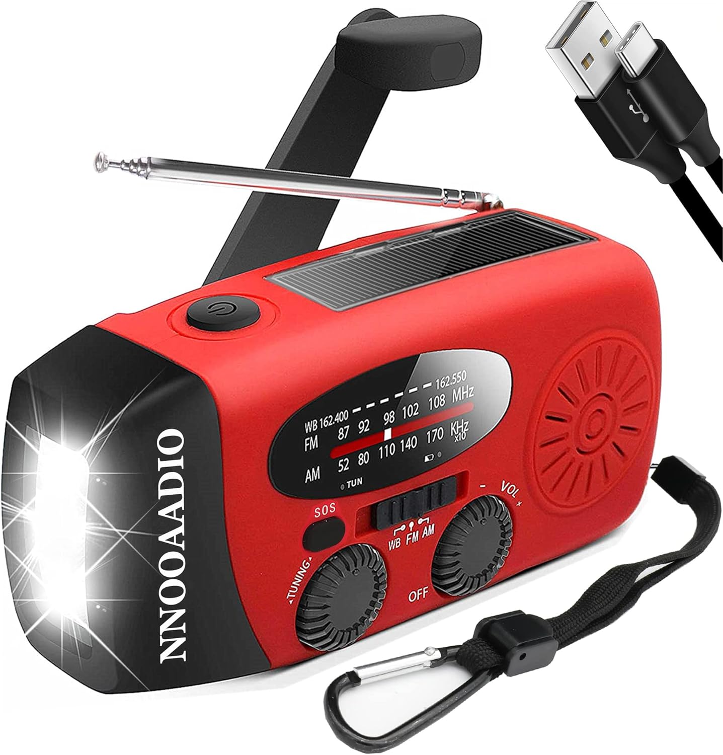 2000mAh SOS Alarm Emergency AM FM Weather Radio, 3LED Type-C Hand Crank Solar Battery Operated Portable Wind Up Radio