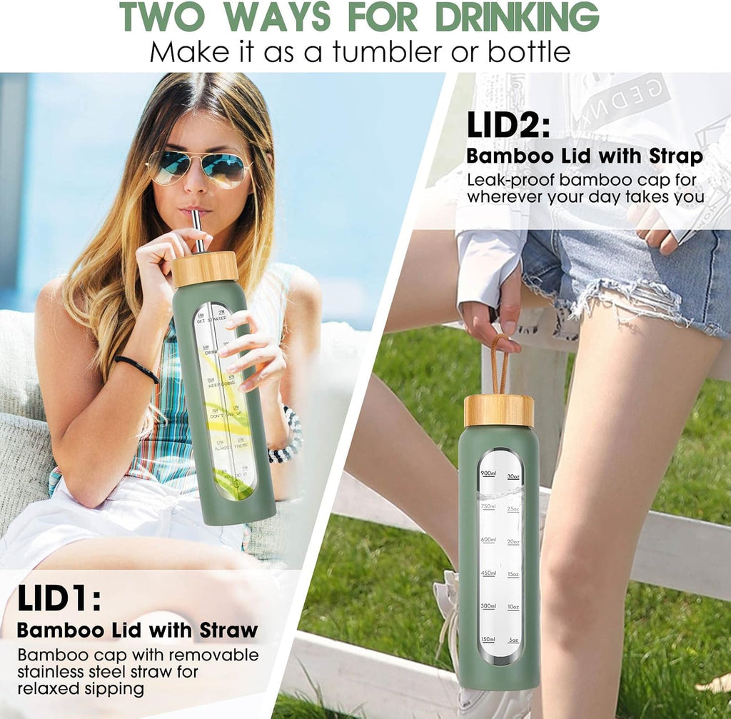 32 oz Glass Water Bottle with Straw - Motivational Time Marker & Silicone Sleeve - Reusable Tumbler Includes 2 Bamboo