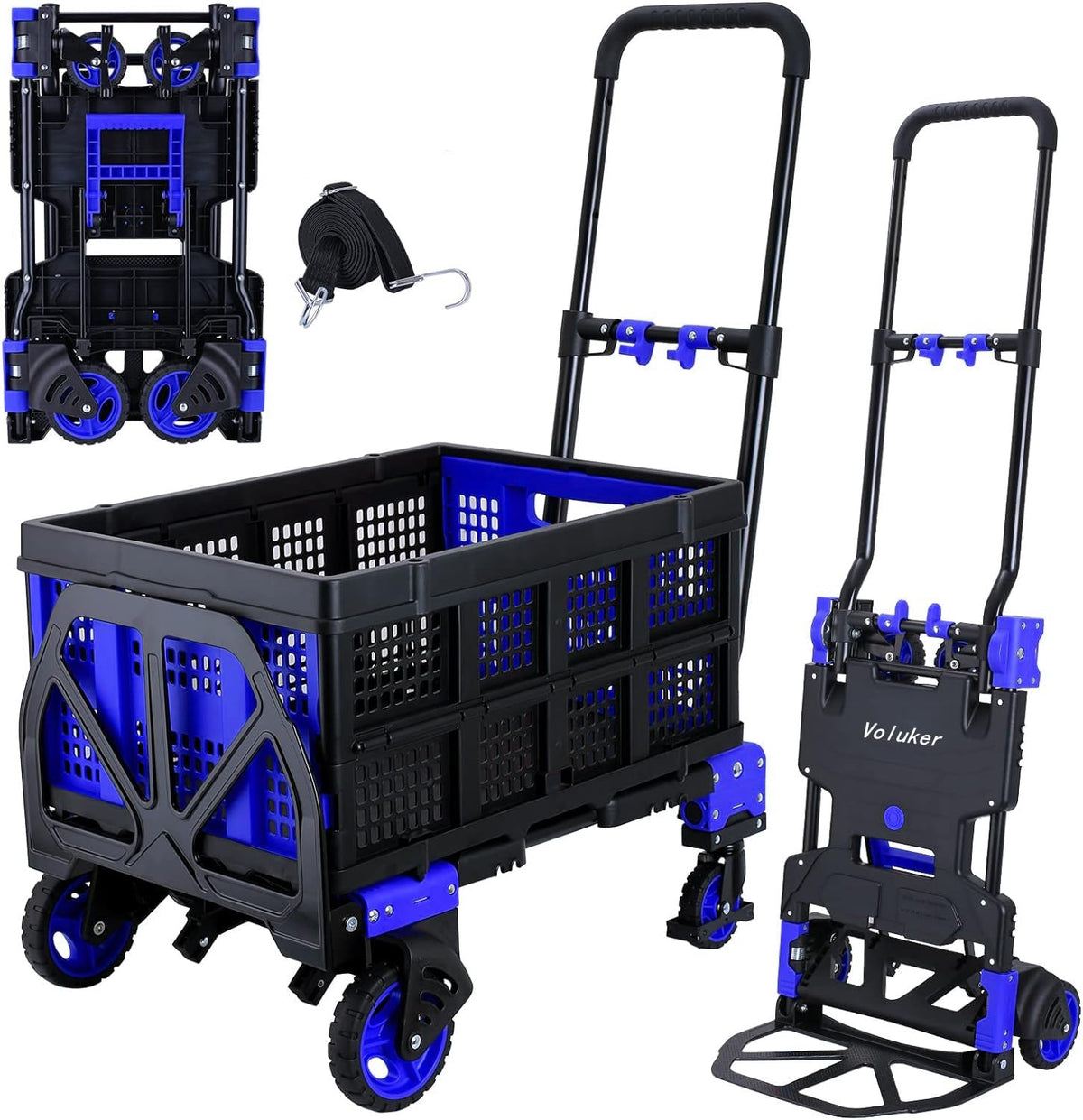 2-in-1 Foldable Hand Truck Dolly, 330lb Cart with Folding Basket, Blue