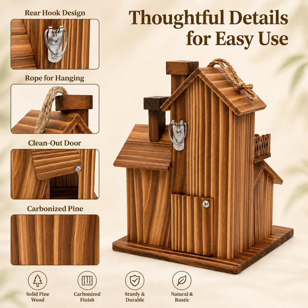 Wooden Bird Houses for Outside, 3 Compartments Villa Hanging Birdhouse, Carbonized Pine Nesting Box for Bluebird Wren