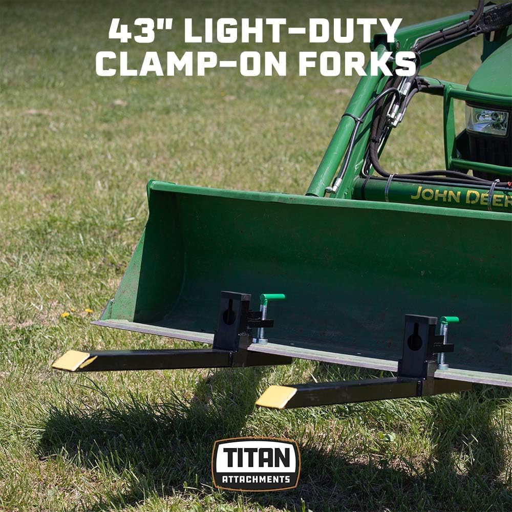 Light-Duty 43" Clamp-On Pallet Forks, 30" x 3" Fork Length, Rated 1,500 LB, Easy to Install on Loader or Skid Steer