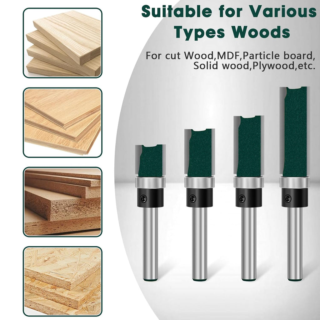 Flush Trim Router Bit Set 4 Pcs Straight Cut Router Bits 1/4 Inch Shank, Carbide Tipped Pattern Template Route Bit