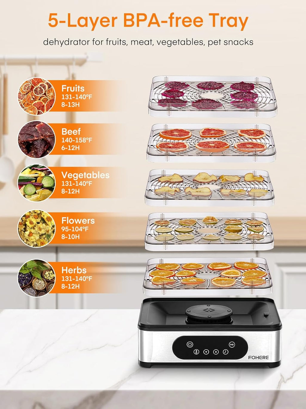 Food Dehydrator, 5 BPA-Free Tray Dehydrators, 11.42" Stackable Trays