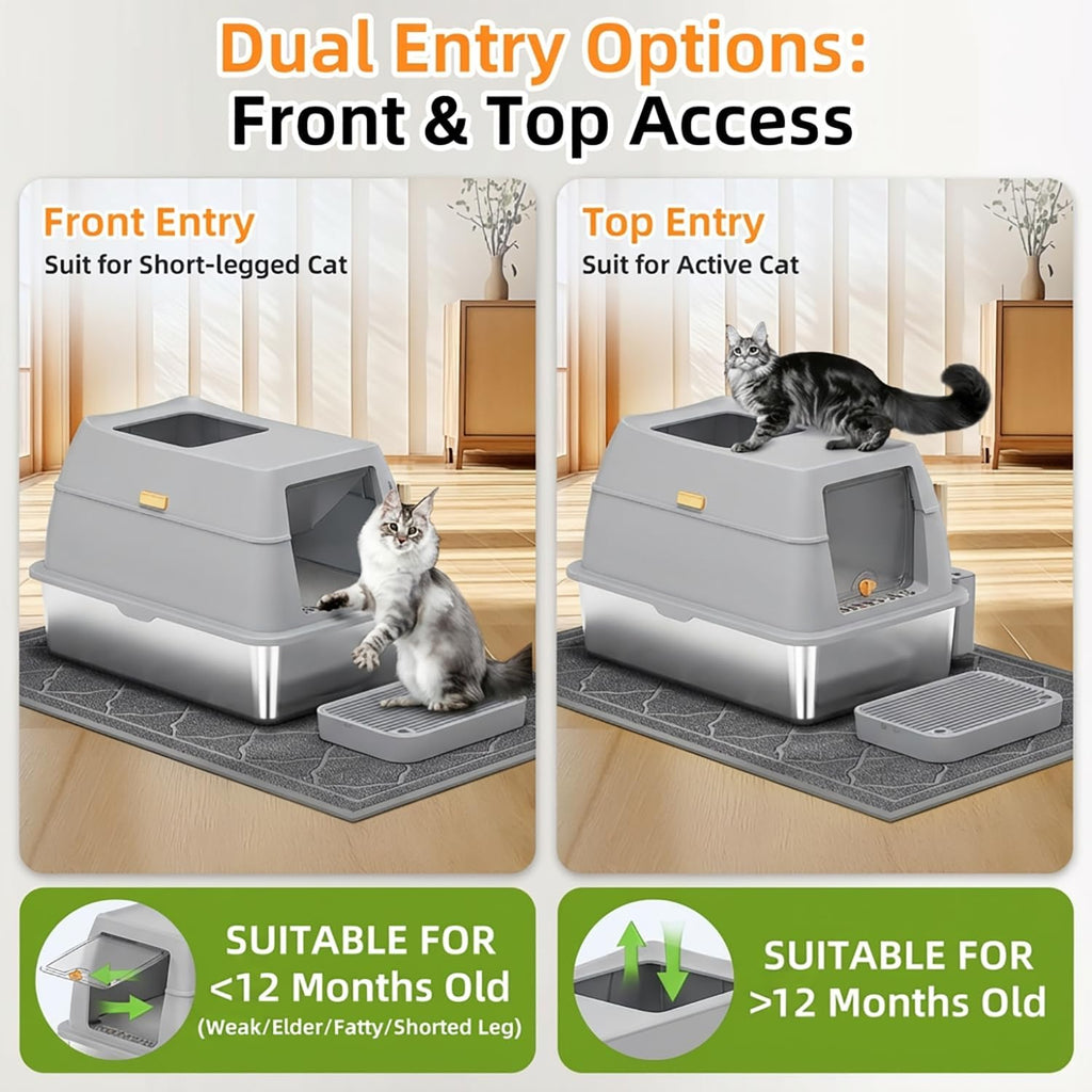 Stainless Steel Litter Box with Lid,Front Entry Top Exit Kitty LitterBox,Extra Large Enclosed Metal Cat Box with