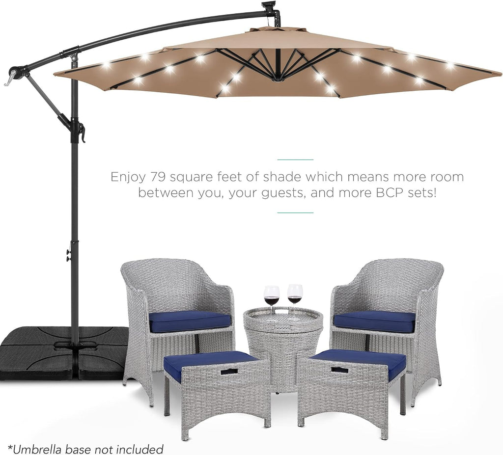 10ft Solar LED Offset Cantilever Hanging Market Patio Umbrella, 8 Sturdy Ribs, Easy Adjustment - Tan