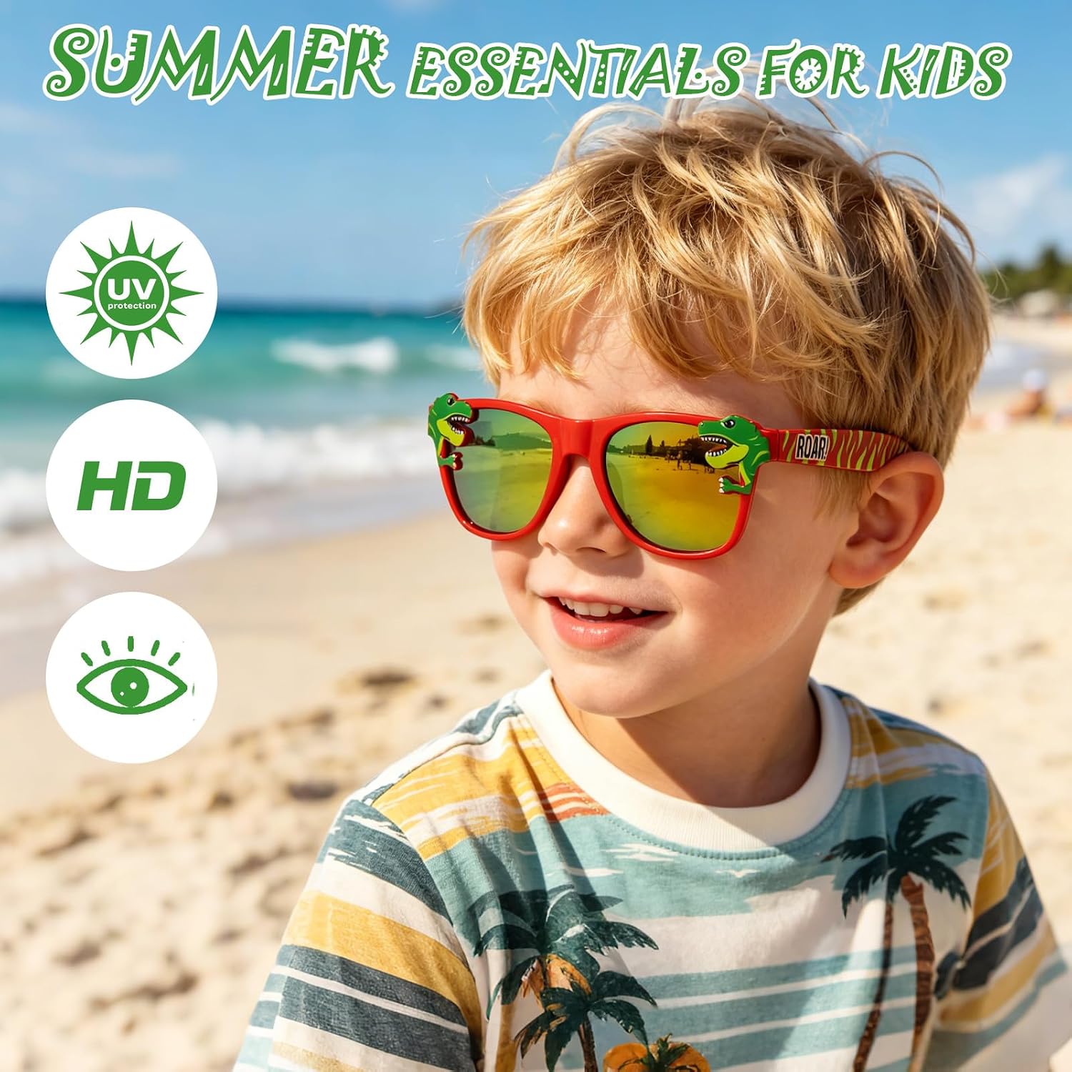Kids Sunglasses Boys Girls, Dinasour Boys Sunglasses Age 3-10Y, Toddler Childrens Sun Glasses UV Protection with Pouch