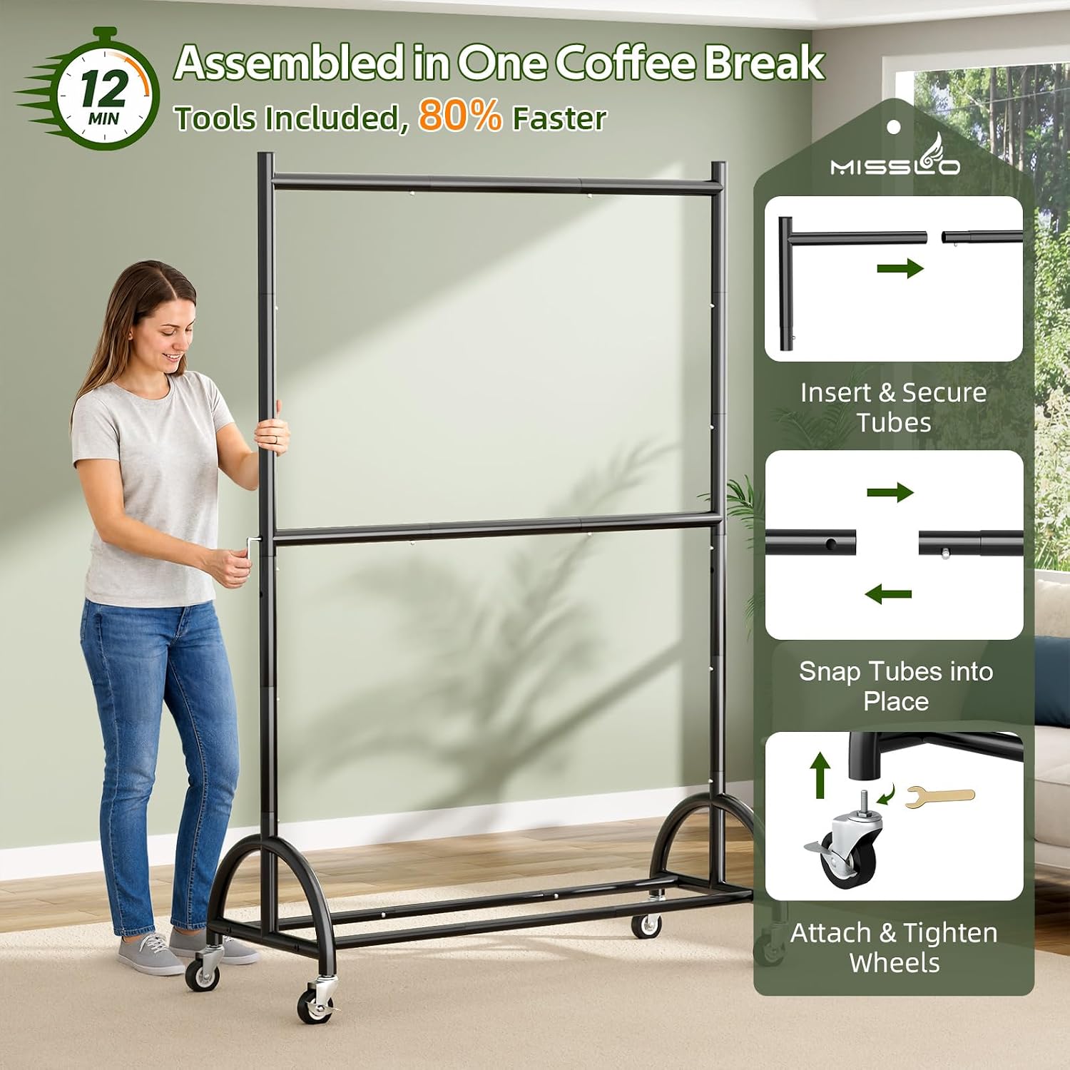 Heavy Duty Clothing Racks for Hanging Clothes Double Rod Rolling Closet Rack with Wheels for Coats, Garment Storage