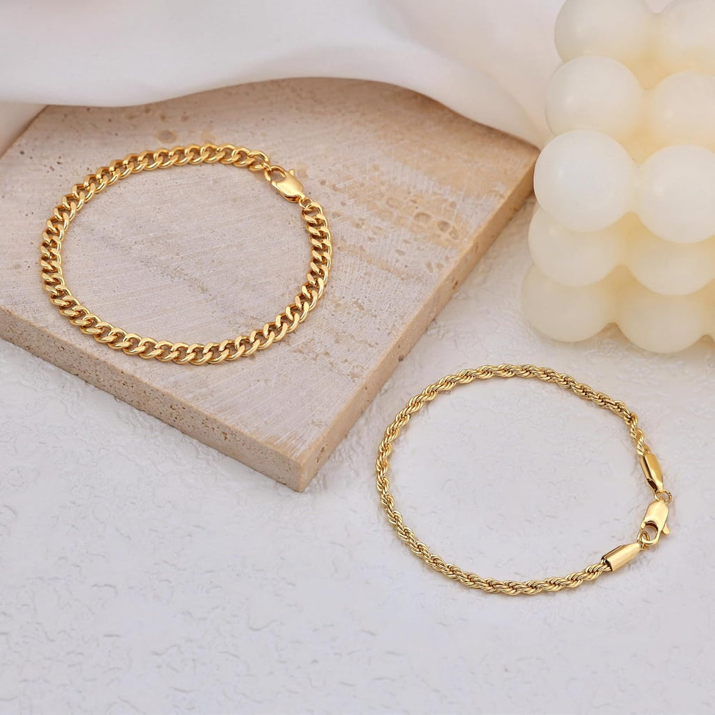 Mens Bracelet, 14K Gold Plated/Streling Silver Bracelets for Men Layered Cuban Rope Chain Bracelets 3mm/5mm Dainty