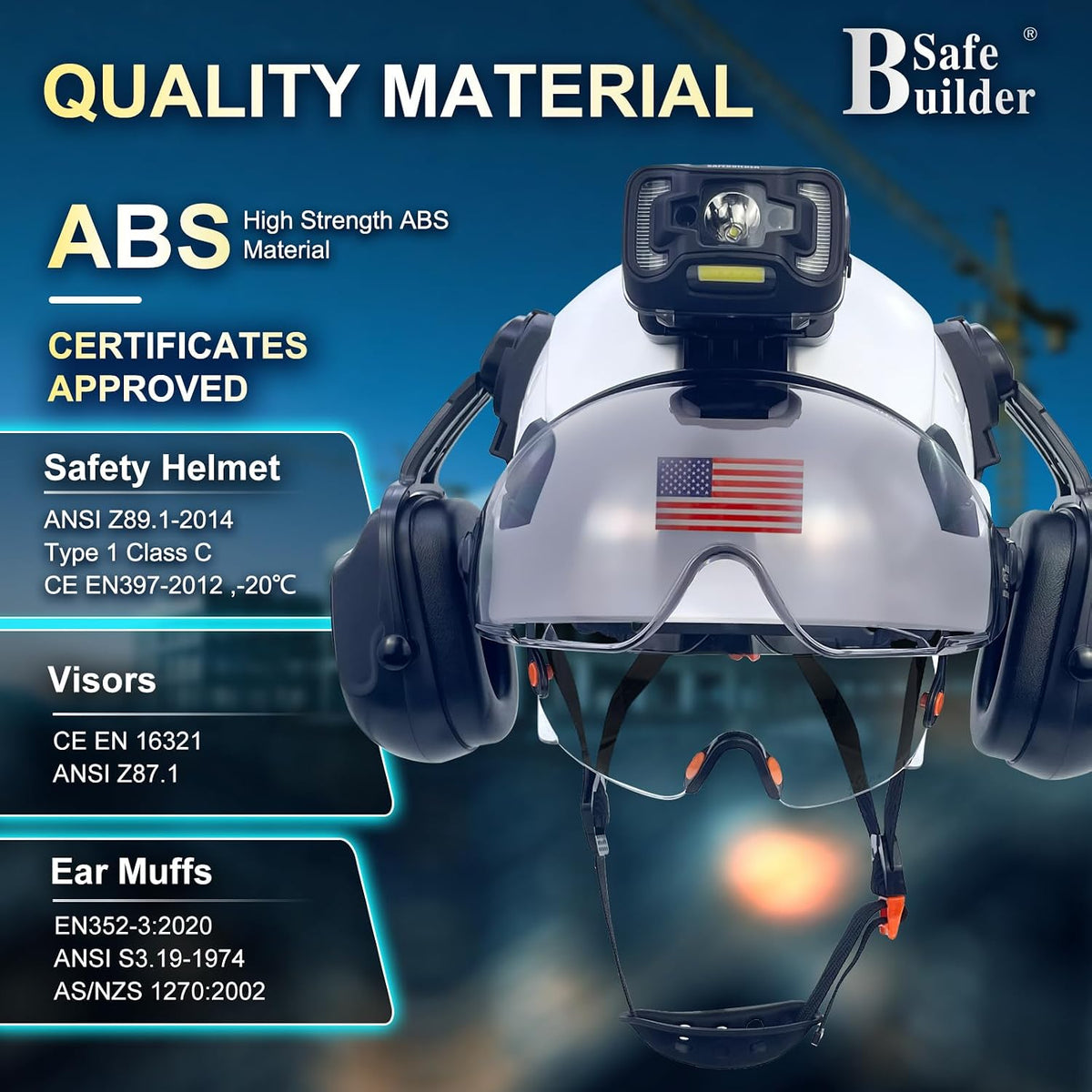 Hard Hats with Visor and Build in Headlight Ear Muffs Lightweight Vented Safety Helmet Headlamp for Construction