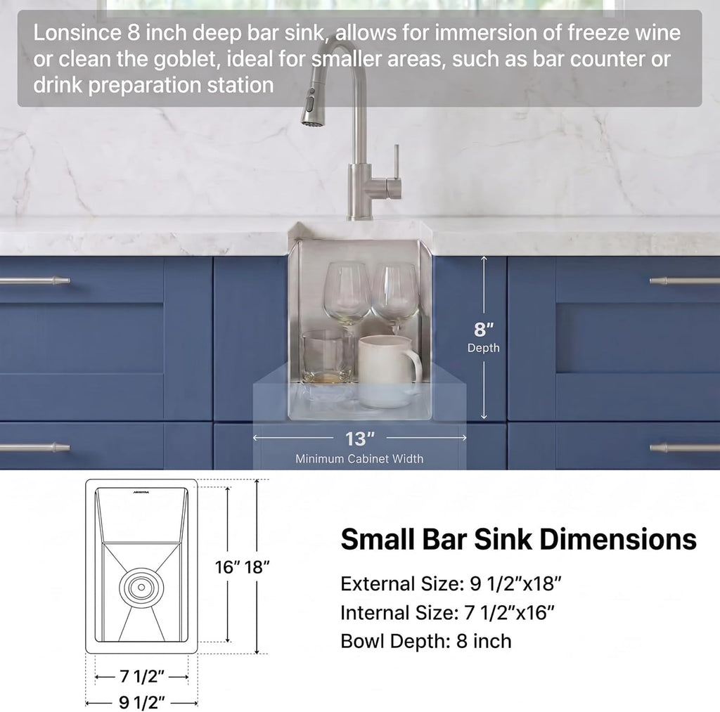 Small Bar Sink 9.5“ X 18”,Undermount Wet Bar Sink with Workstation