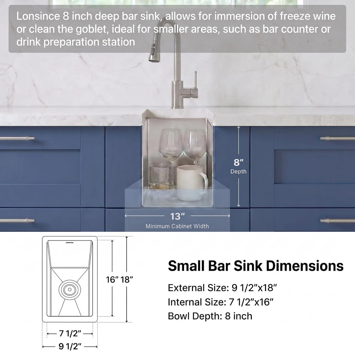 Small Bar Sink 9.5“ X 18”,Undermount Wet Bar Sink with Workstation