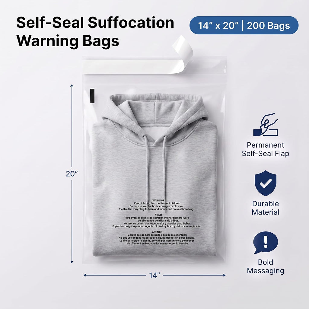 14” X 20” (200 Count) Self Seal Clear Poly Bags with Suffocation Warning