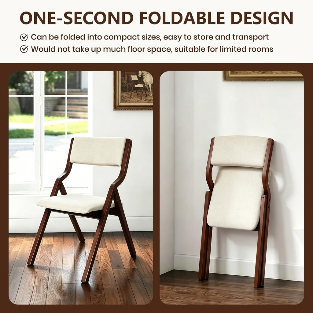Stackable Foldable Chairs Set of 4, Fully Assembled Padded Fabric Upholstered Seat with Solid Wood Frame, for