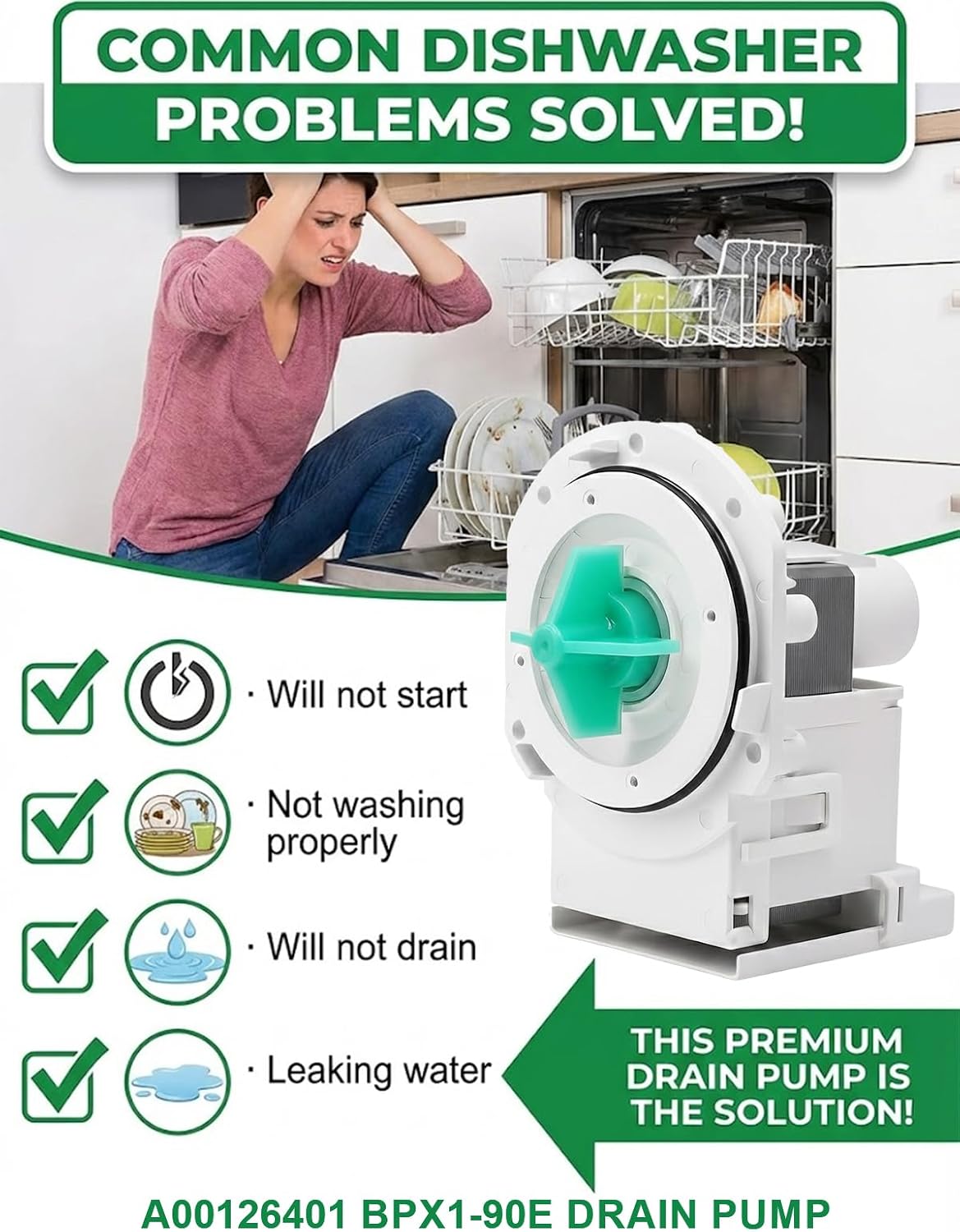 A00126401 Dishwasher Drain Pump Compatible with Frigidaire and Kenmore