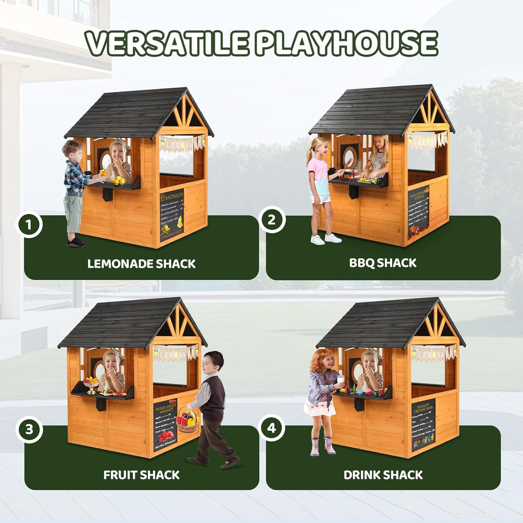 Kids Outdoor Playhouse with Snack Bar, Chalkboard & Lemon Banner, Toddler Outdoor Toys for Backyard Garden Indoor