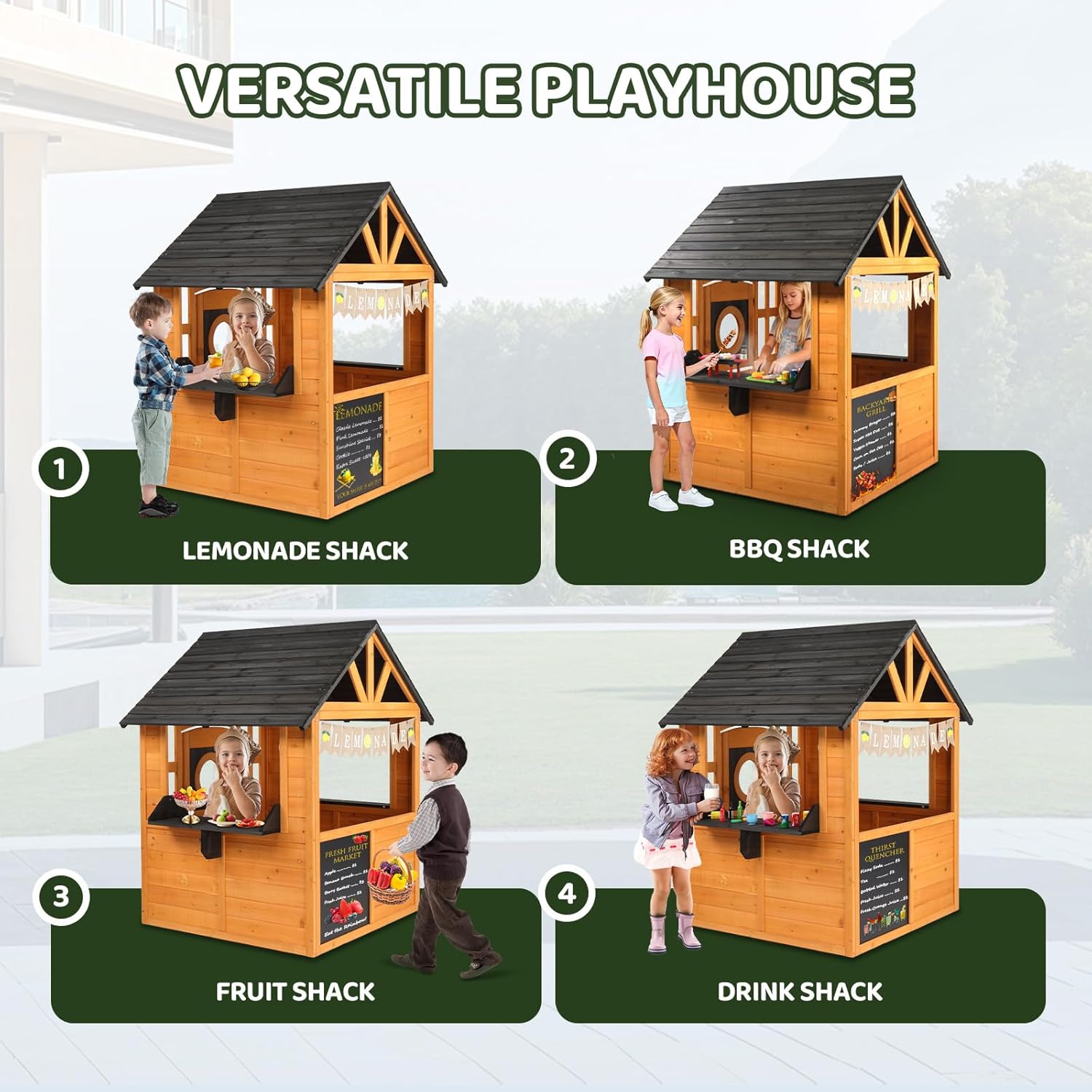 Kids Outdoor Playhouse with Snack Bar, Chalkboard & Lemon Banner, Toddler Outdoor Toys for Backyard Garden Indoor