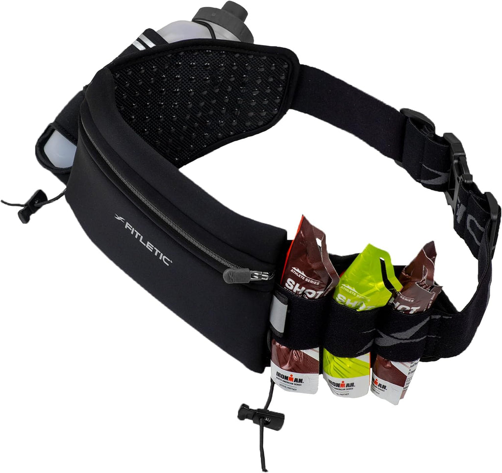 Hydration Running Belt With 12oz Quick Flow Water Bottle For Men & Women –Race Belt, Gel Holder & Bib Toggles