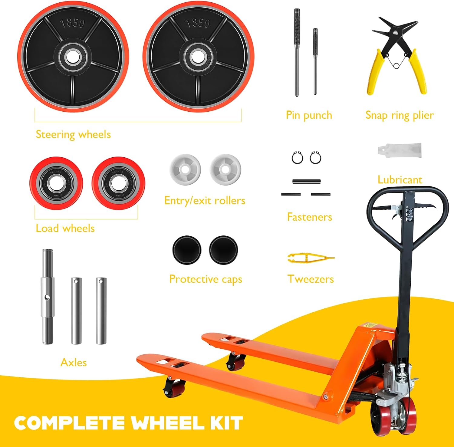 Pallet Jack/Truck Wheels Kit for Most Hand Pallet Jacks- Complete Set! | with Pairs of Steering Wheels 7"x 2", Load