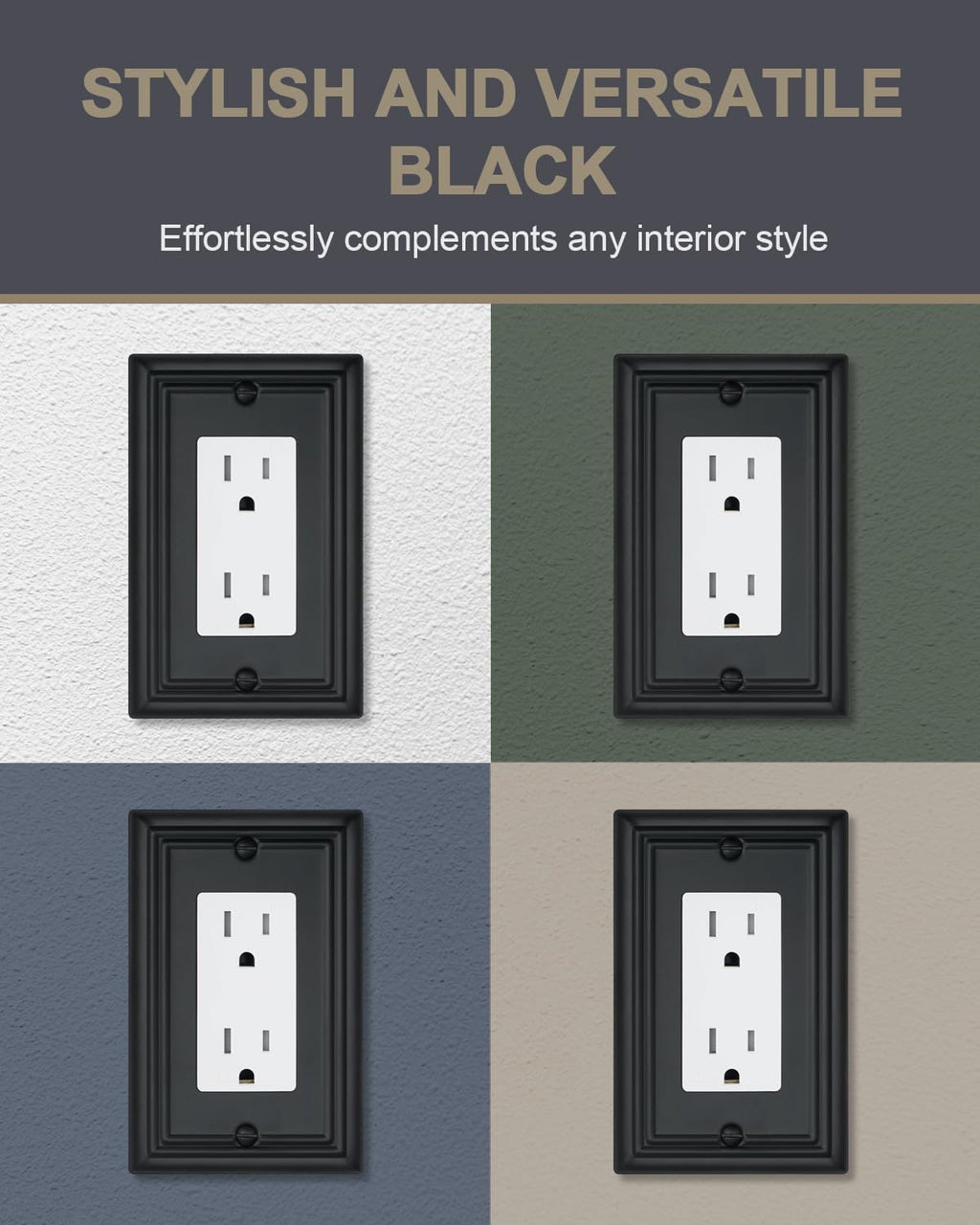 ZILLSEA Switch Plates Outlet Covers, 4-Pack Metal Wall Plates, Black Finish
