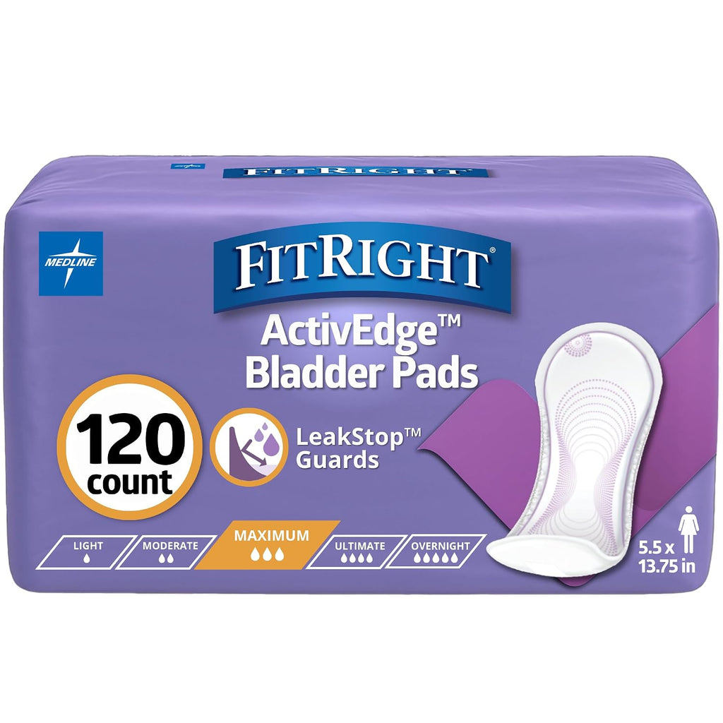 FitRight Incontinence Bladder Control Pads, Maximum Absorbency, 5.5" x 13.75", 10 Count (Pack of 12)