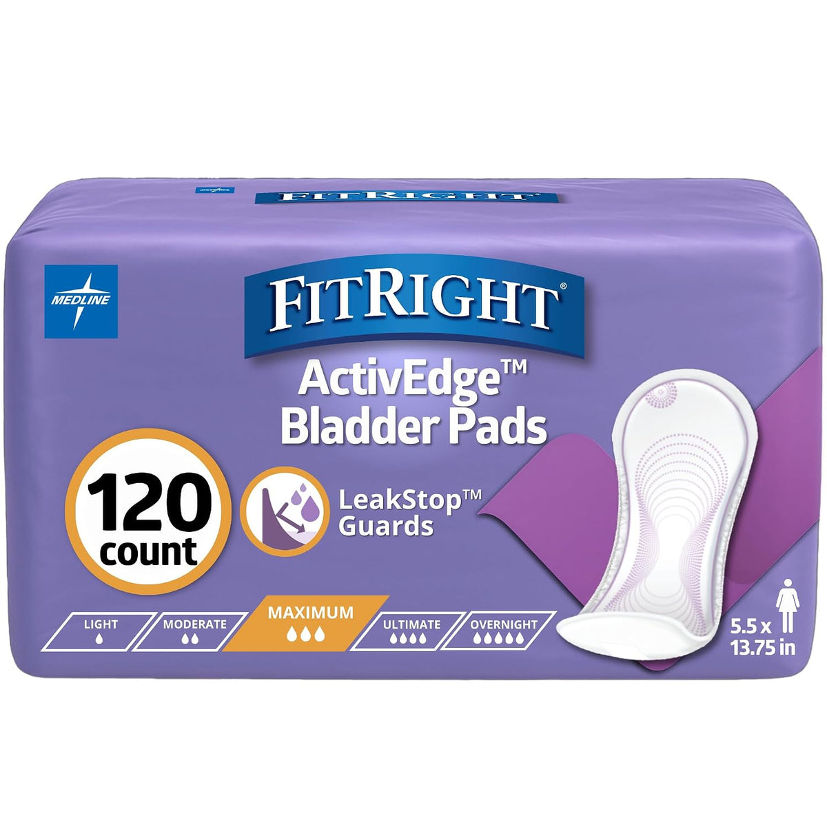 FitRight Incontinence Bladder Control Pads, Maximum Absorbency, 5.5" x 13.75", 10 Count (Pack of 12)