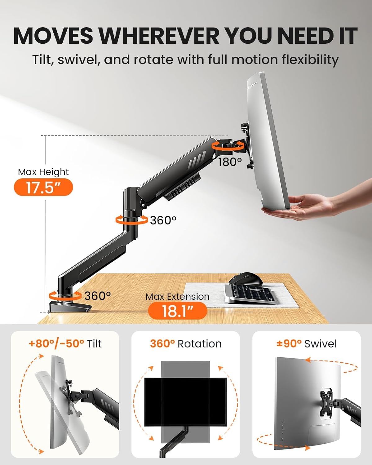 Single Monitor Arm, Fully Adjustable Monitor Mount for 13–34 Inch Screens, Fast Install Computer Monitor Stand with
