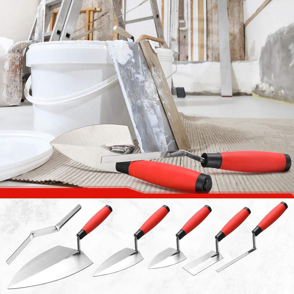 6 PCS Masonry Hand Tool Set 11" x 5-1/2" Philadelphia Brick Trowel 2 Pointing Trowel 5 x 2'' Margin 1/2" Tuck 5/8'' x
