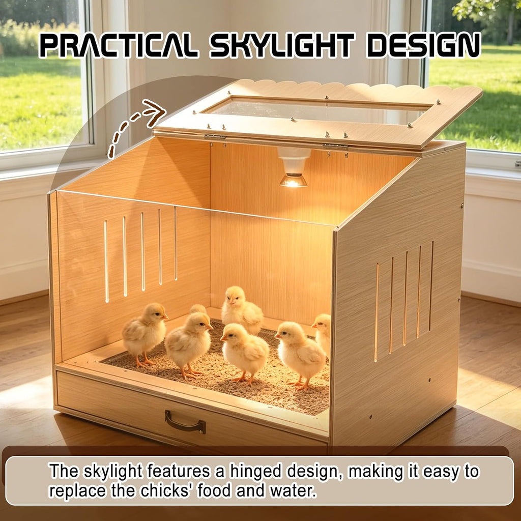 Wooden Chicken Brooder Box with Heating Lamp, 20x18x16 Inch Brooder Box with Mesh Bottom Drawer for Waste Collection