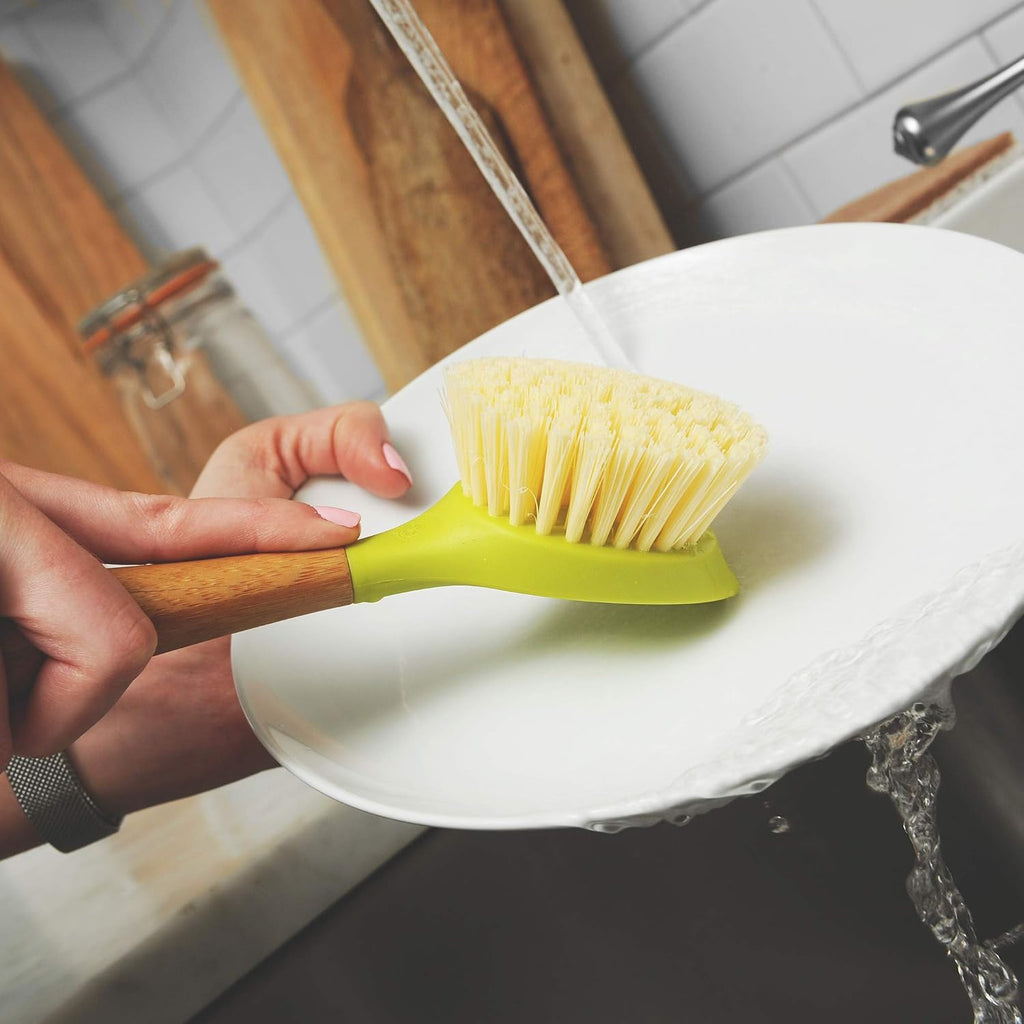 Kitchen Dish Brush, Bamboo Handle & Strong Bristles, Green 1pk