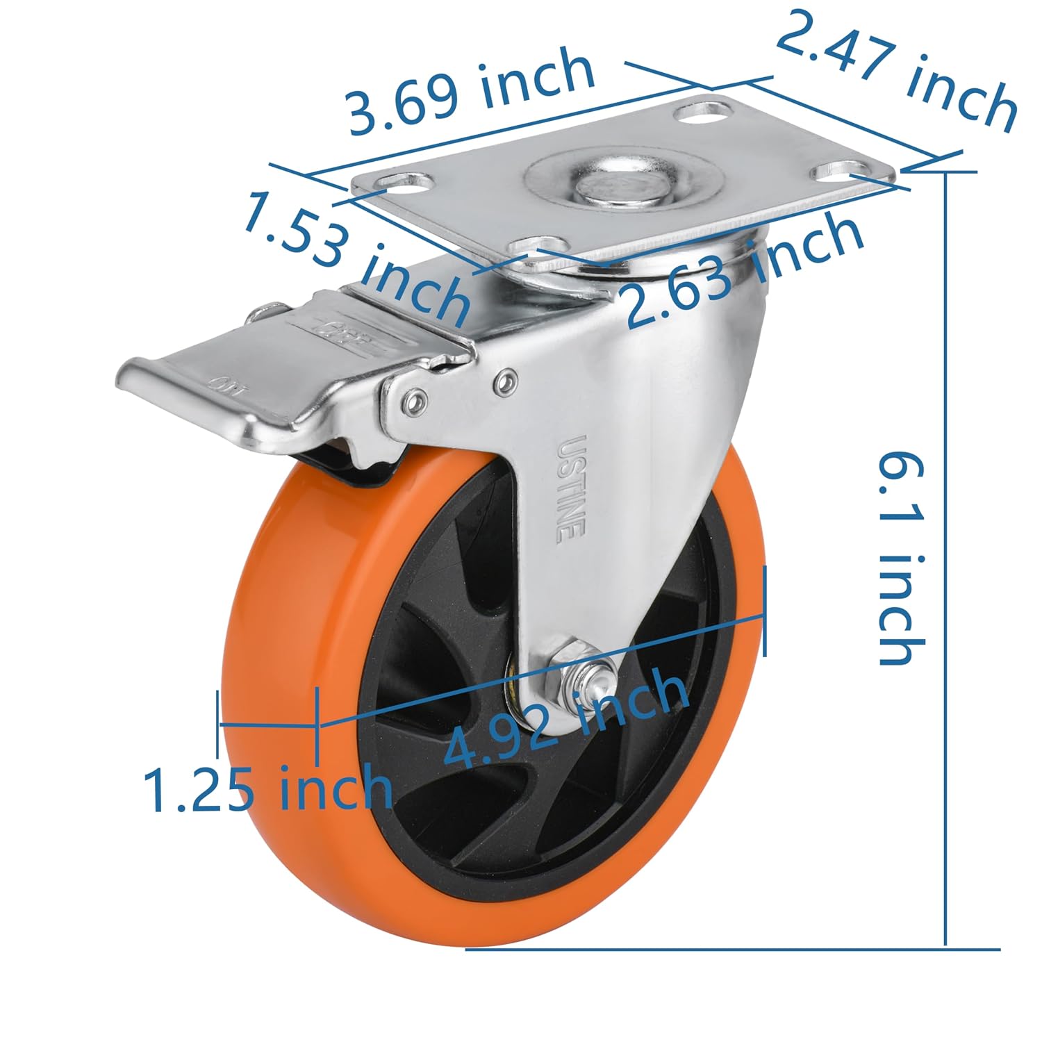 5 Inch Caster Wheels Set of 4 (2 Rigid, 2 Swivel with Brakes), 360 Degree Rotatable, Lockable Plate Caster Wheels