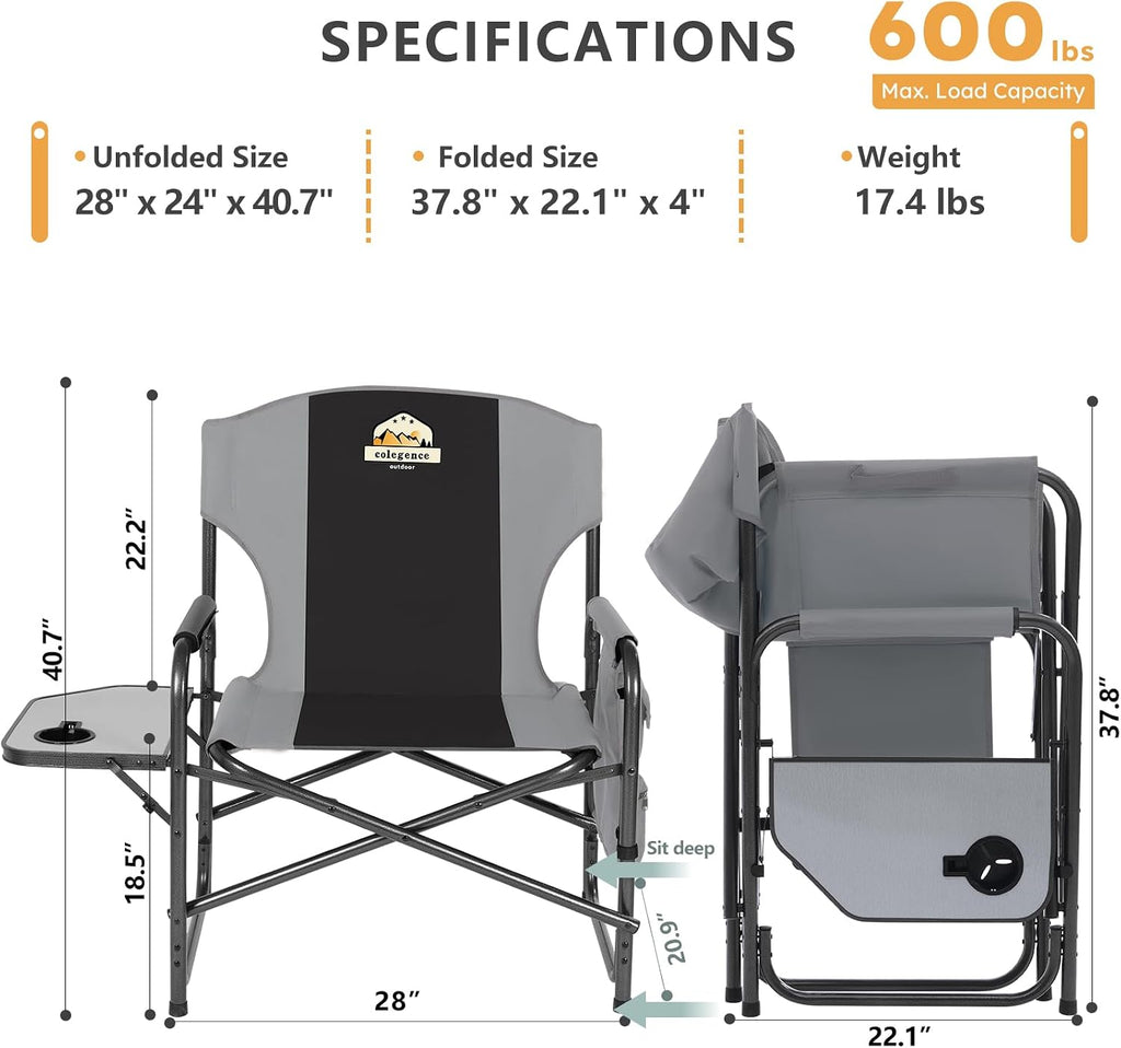 Oversized Directors Camping Chairs, 2 Pack, 600 lb, Black | Heavy duty outdoor chairs for adults, 28" wide seat