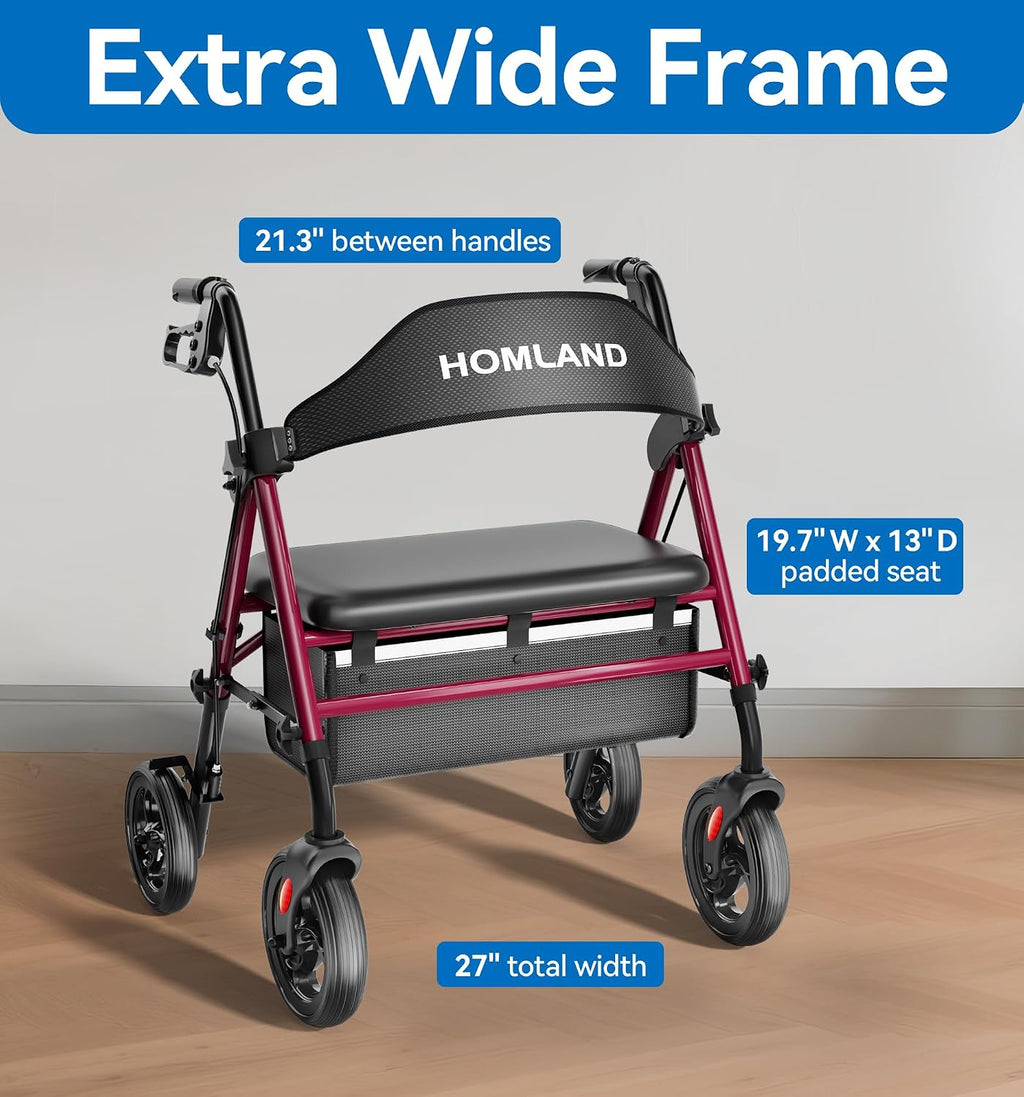 Bariatric Walkers for Seniors, 500lb Heavy Duty Rollator Walker, 19.7" Extra Wide Padded Seat, 8" All Terrain