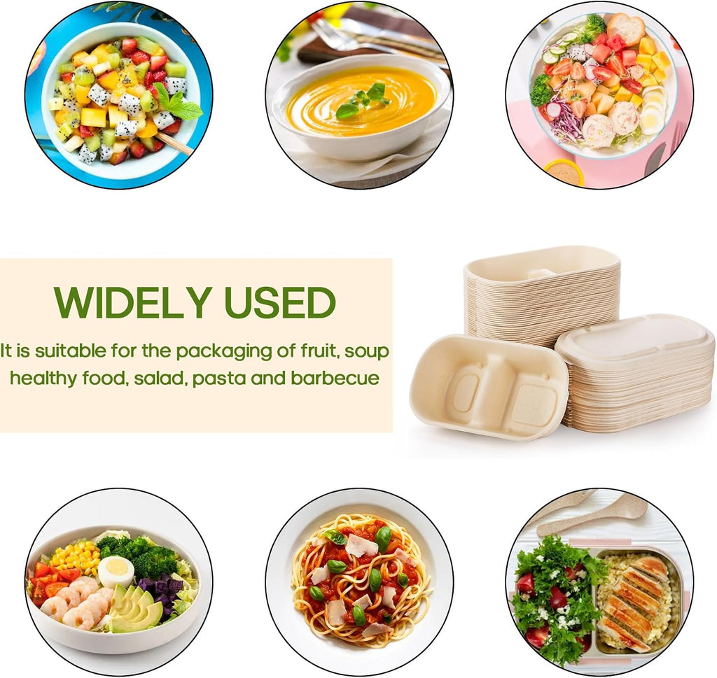 50 Pcs Compostable Take Out Food Containers with Lid, 33 oz Bagasse to Go Container 2 Compartment Rectangular