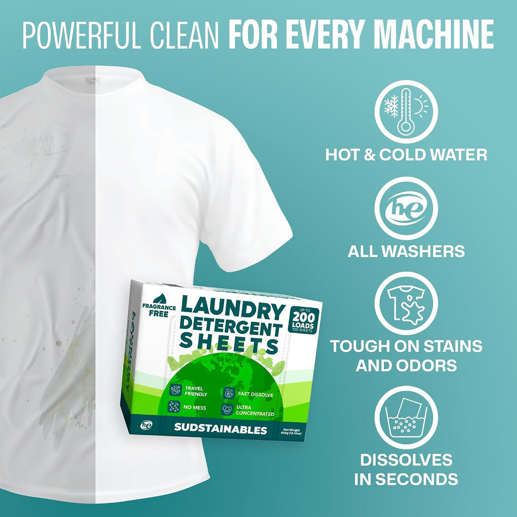 Laundry Detergent Sheets, Fragrance Free, 200 Loads